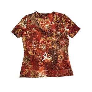 Vintage Y2k Floral Paisley Short Sleeve Stretchy Top Red Brown Artsy Earthy Boho